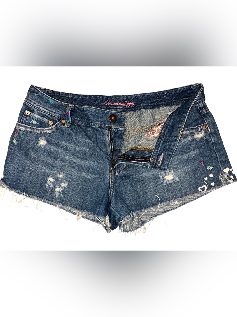 Y2K American Eagle Micro Shorts Distressed Embroidered Raw Hem Women’s Size 12 - Picture 3 of 6